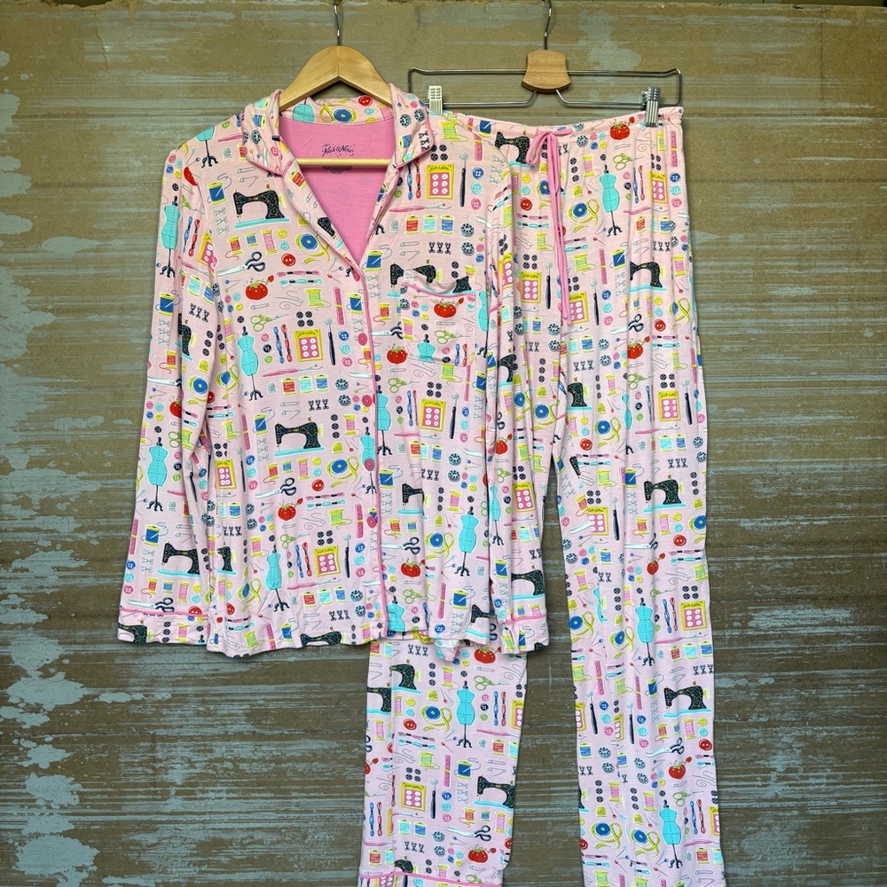 Nick & Nora Sewing Print Pajamas Pink Stretch Lounge Womens S